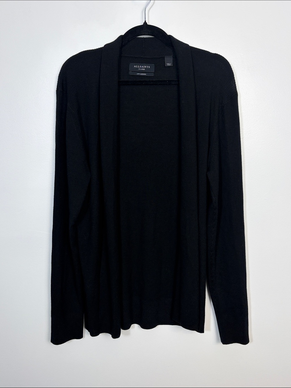 All Saints 100% Merino Wool Black Men’s XL Open Front Cardigan Sweater Logo